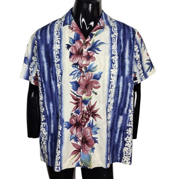 Vintage 90s Hilo Hattie Hibiscus Flower Floral Tribal Button-Down Shirt Large - Picture 2 of 9